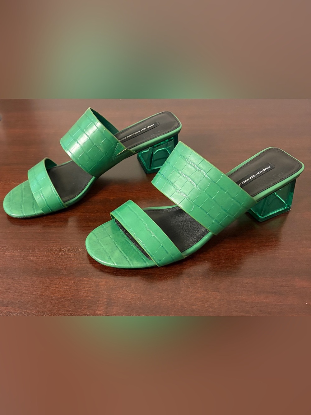French Connection Emerald Green Croc-Embossed Lucite Block Heels - Size 8.5